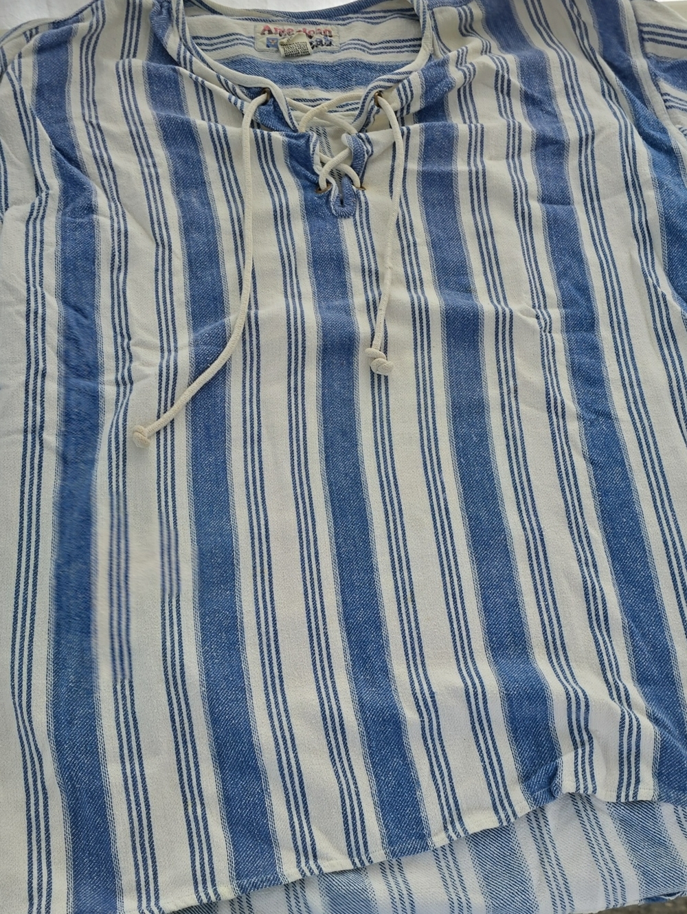 Blue & White Striped Lace-Up Swim Rash Guard